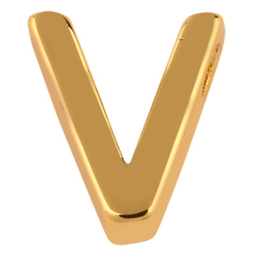Letter: V, metalen kraal goudkleurig in lettervorm, 8,5 x 7,5 x 3 mm, gatdiameter: 1,5 mm