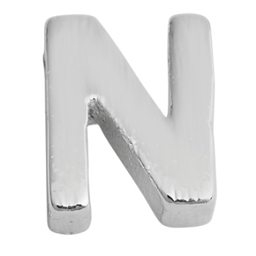 Brief: N, metalen kraal zilverkleurig en geborsteld in lettervorm, 5,5 x 4 x 2 mm, gatdiameter: 1 mm