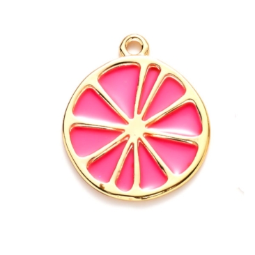 Metallanhänger mit Epoxy Resin, Grapefruitscheibe, goldfarben und pink, 26,5 x 23 x 1,6 mm, Öse: 2 mm