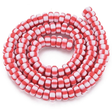 Polymer Clay Perlen, Strang, Rondell, Rot-Weiß gestreift, 6,5 x 3 mm, Lochdurchmesser: 1,4 mm, ca. 110 Perlen/Strang