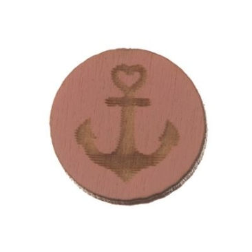 Wooden cabochon, round, diameter 12 mm, anchor motif, pink