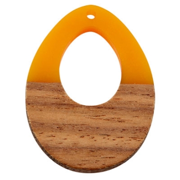 Pendant made of wood and resin, drop, 37.5 x 28.0 x 3.5 mm, eyelet 1.5 mm, yellow