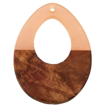 Wood and resin pendant, drop, 37.5 x 28.0 x 3.5 mm, eyelet 1.5 mm, pink