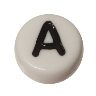 Plastic bead letter A, round disc, 7 x 3.7 mm, white with black writing