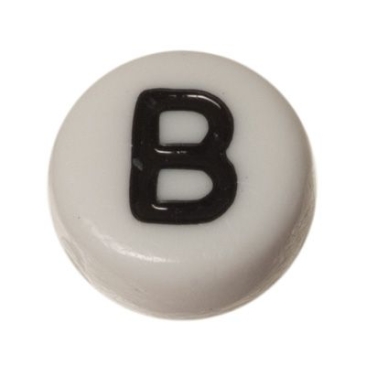 Plastic bead letter B, round disc, 7 x 3.7 mm, white with black writing