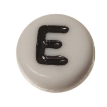 Plastic bead letter E, round disc, 7 x 3.7 mm, white with black writing