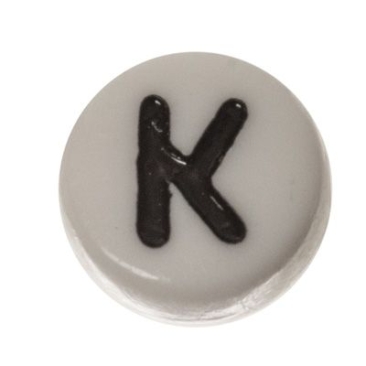 Plastic bead letter K, round disc, 7 x 3.7 mm, white with black writing