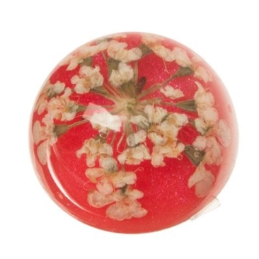 Cabochon with dried flower blossoms, round, diameter 12 mm, red