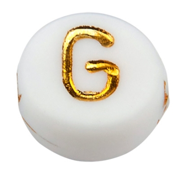 Kunststof kraal letter G, ronde schijf, wit met goudkleurig opschrift, 7 x 3,5 mm, gat: 1,2 mm