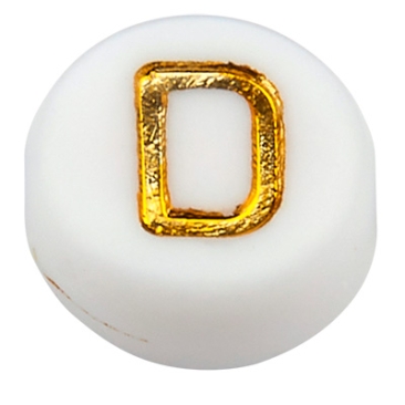 Kunststof kraal letter D, ronde schijf, wit met goudkleurig opschrift, 7 x 3,5 mm, gat: 1,2 mm