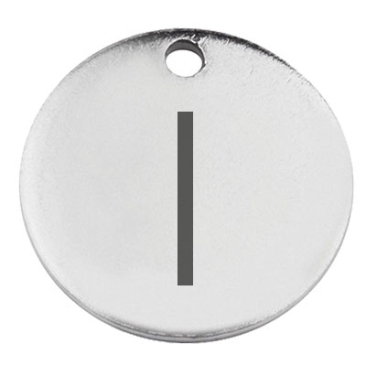 Stainless steel pendant, round, diameter 15 mm, motif letter I, silver-coloured