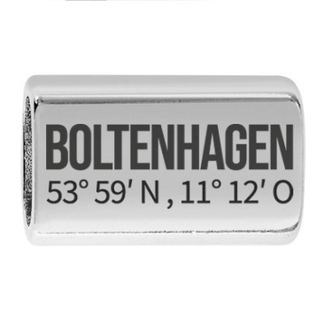 Longue pièce intermédiaire avec gravure "Boltenhagen avec coordonnées", 22,0 x 13,0 mm, argentée, convient pour corde à voile de 5 mm