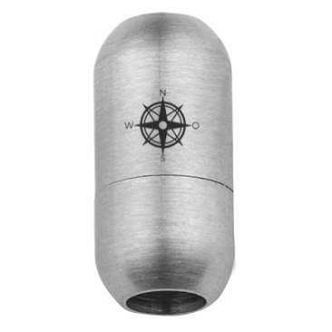 Roestvrij stalen magnetische sluiting voor 5 mm bandjes, slotmaat 18,5 x 9 mm, kompasroos motief, zilverkleurig