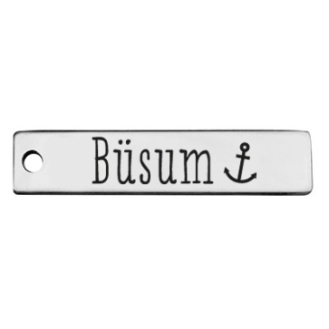 Stainless steel pendant, rectangle, 40 x 9 mm, motif: Büsum, silver-coloured