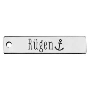 Stainless steel pendant, rectangle, 40 x 9 mm, motif: Ruegen, silver-coloured