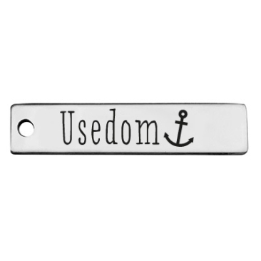 Stainless steel pendant, rectangle, 40 x 9 mm, motif: Usedom, silver-coloured