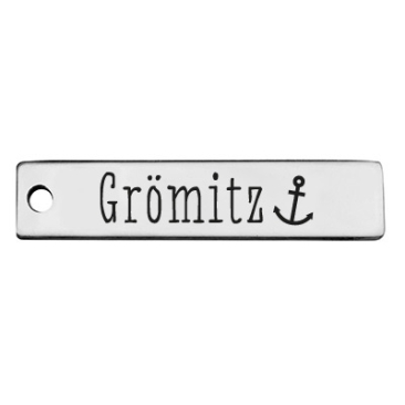 Stainless steel pendant, rectangle, 40 x 9 mm, motif: Grömitz, silver-coloured