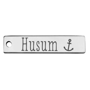 Stainless steel pendant, rectangle, 40 x 9 mm, motif: Husum, silver-coloured