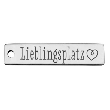 Stainless steel pendant, rectangle, 40 x 9 mm, motif: Favourite place with heart, silver-coloured