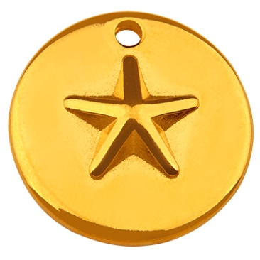 Pendentif métal rond, motif étoile, doré, 23,5 x 23,5 mm