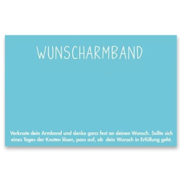 Carte-bijou "bracelet de souhaits", horizontale, bleu turquoise, dimensions 8,5 x 5,5 cm
