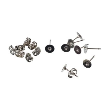 Ear studs + wings, plate for sticking, 8 pieces, silver-coloured