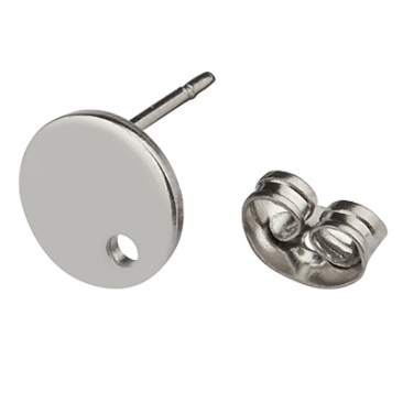 Stainless steel ear studs, round disc, silver-coloured, 8 x 1 mm, eyelet: 1.5 mm, plug: 0.8 mm