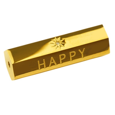 Perle en acier fin, avec strass, hexagone avec écriture "Happy & Dreamer", doré, 25,5x9x8 mm, trou : 1,6 mm