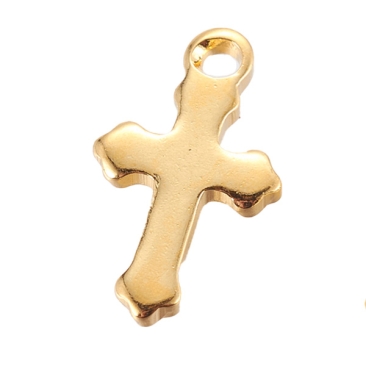 Edelstahl Kreuz, 18 Karat vergoldet, Größe: 12 x 7 x 0,8 mm, Öse: 1,2 mm