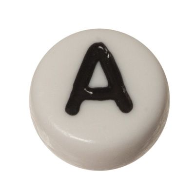 Perle plastique lettre A, disque rond, 7 x 3,7 mm, blanc avec écriture noire 