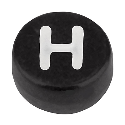 Kunststoffperle Buchstabe H, runde Scheibe, 7 x 3,7 mm, schwarz mit weißer Schrift 