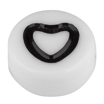 Kunststoffperle, runde Scheibe, 7 x 3,7 mm, weiß mit schwarzem Herz 