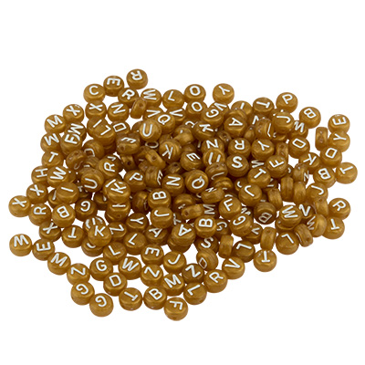 Kunststoffperle Buchstabe, runde Scheibe, 7 x 4 mm, goldfarben mit weißer Schrift, Mix mit 200 Perlen 