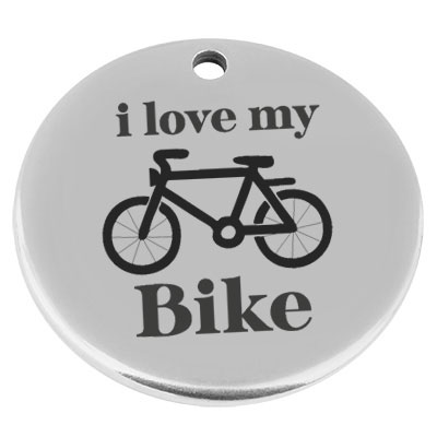 22 mm, metal pendant, round, with engraving "I love my bike", silver-plated 