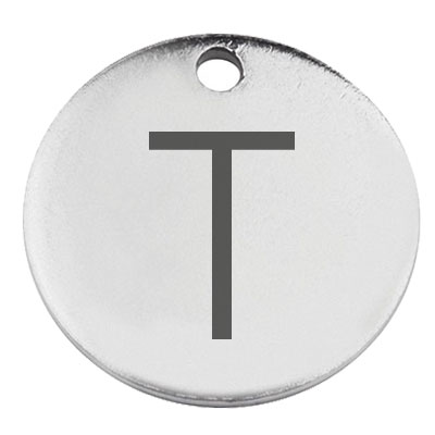 Pendentif en acier inoxydable, rond, diamètre 15 mm, motif lettre T, argenté 