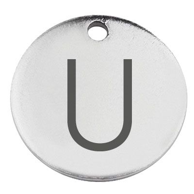 Stainless steel pendant, round, diameter 15 mm, motif letter U, silver-coloured 