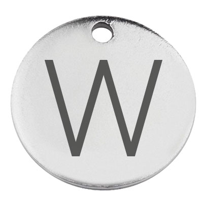 Stainless steel pendant, round, diameter 15 mm, motif letter W, silver-coloured 