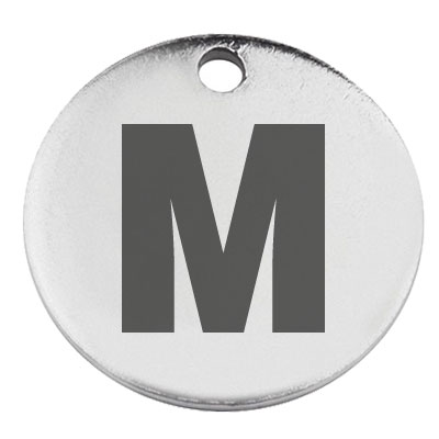 Stainless steel pendant, round, diameter 15 mm, motif letter M, silver-coloured 