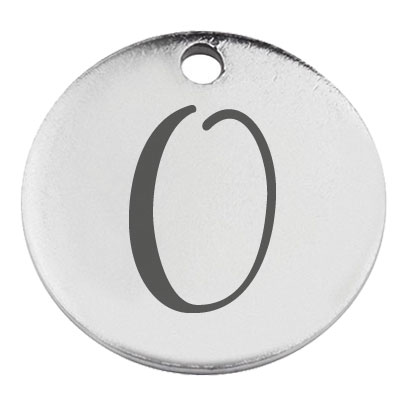 Stainless steel pendant, round, diameter 15 mm, motif letter O, silver-coloured 