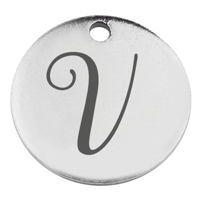 Stainless steel pendant, round, diameter 15 mm, motif letter V, silver-coloured 