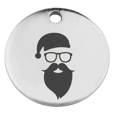 Stainless steel pendant, round, diameter 15 mm, motif Cool Santa, silver-coloured 