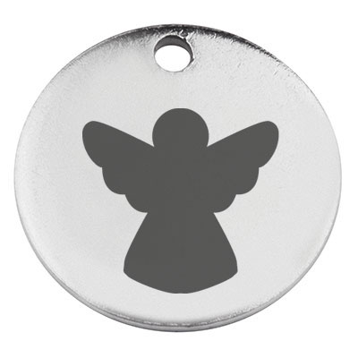 Stainless steel pendant, round, diameter 15 mm, motif angel, silver-coloured 