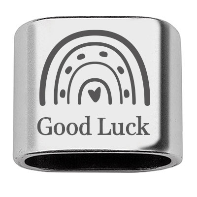 Pièce intermédiaire avec gravure "Good Luck" avec arc-en-ciel, 20 x 24 mm, argenté, convient pour corde à voile de 10 mm 