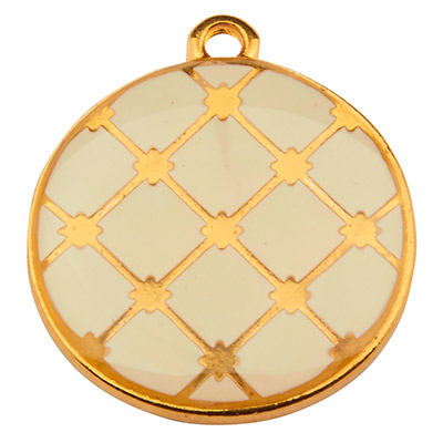 Metal pendant round, diameter22 mm, white enamel, gold plated 