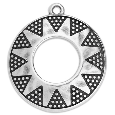 Metal pendant round with triangles and dots, 23 x 25.5 mm, silver-plated 