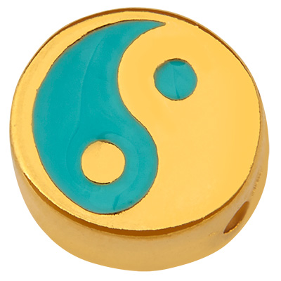 Metal bead round, motif Ying Yang, gold-plated, enamelled, 9.5 x 9.0 mm 