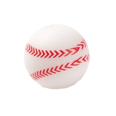 Silikonperle, Rund, Motiv Baseball, weiß, Durchmesser 14 mm, Lochdurchmesser: 2 mm 