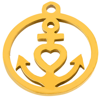 Stainless steel pendant, round with anchor, gold-coloured, 17.5x15x1 mm, loop: 1.4 mm 