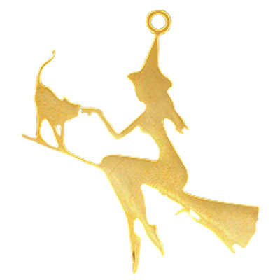 Halloween Edelstahl Anhänger Hexe mit Katze, goldfarben, 39,5x35x1 mm, Öse: 2 mm 
