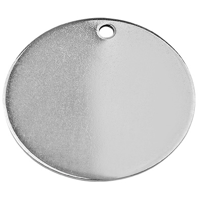 Stainless steel pendant, stamp blank, round, silver-coloured, 20x0.5 mm, hole: 1.5 mm 